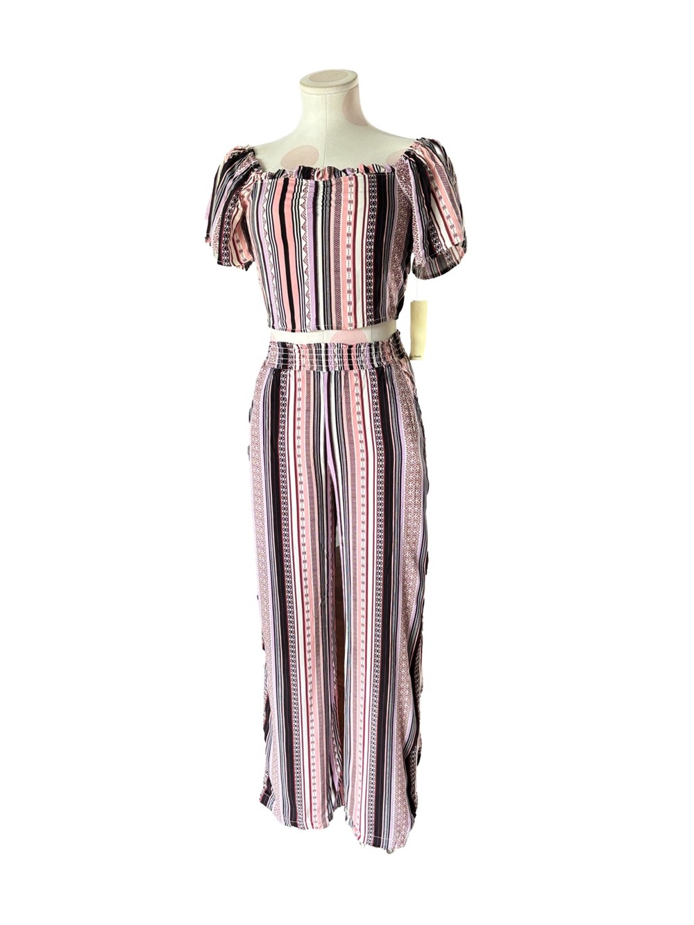 Pink Multi Stripe Two Piece Set Crop Top Wide Leg Pants S/XS - Picture 2 of 8